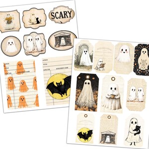 May include: A set of printable Halloween themed digital papers and tags. The papers feature a repeating pattern of ghosts and the tags feature ghosts, bats, and a cat. The text "SCARY" is included on one of the papers.