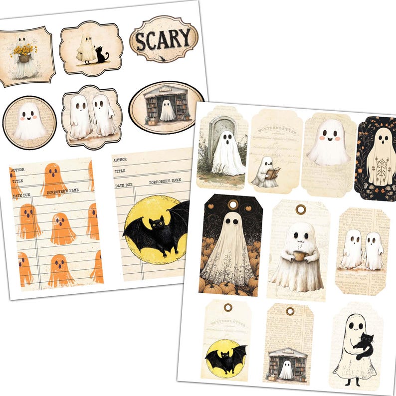 May include: A set of printable Halloween themed digital papers and tags. The papers feature a repeating pattern of ghosts and the tags feature ghosts, bats, and a cat. The text "SCARY" is included on one of the papers.