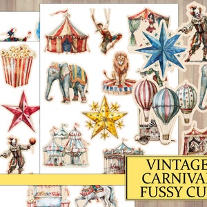Watercolor Vintage Carnival Fussy Cut, Junk Journal Ephemera, Big Top Circus, Scrapbook Embellishment, Cut Sheet, Printable Download