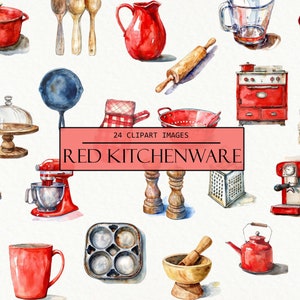 May include: A collection of 24 red kitchenware illustrations, including a red pot, a red pitcher, a red coffee maker, a red tea kettle, a red mug, a red mixing bowl, a red stove, a red oven mitt, a red spoon, a red ladle, a red whisk, a red rolling pin, a red grater, a red cake pan, a red cookie cutter, a red measuring cup, a red measuring spoon, a red spatula, a red knife, a red fork, a red cutting board, a red pepper shaker, a red salt shaker, a red pepper grinder, a red salt grinder, and a red cake stand. 24 CLIPART IMAGES RED KITCHENWARE