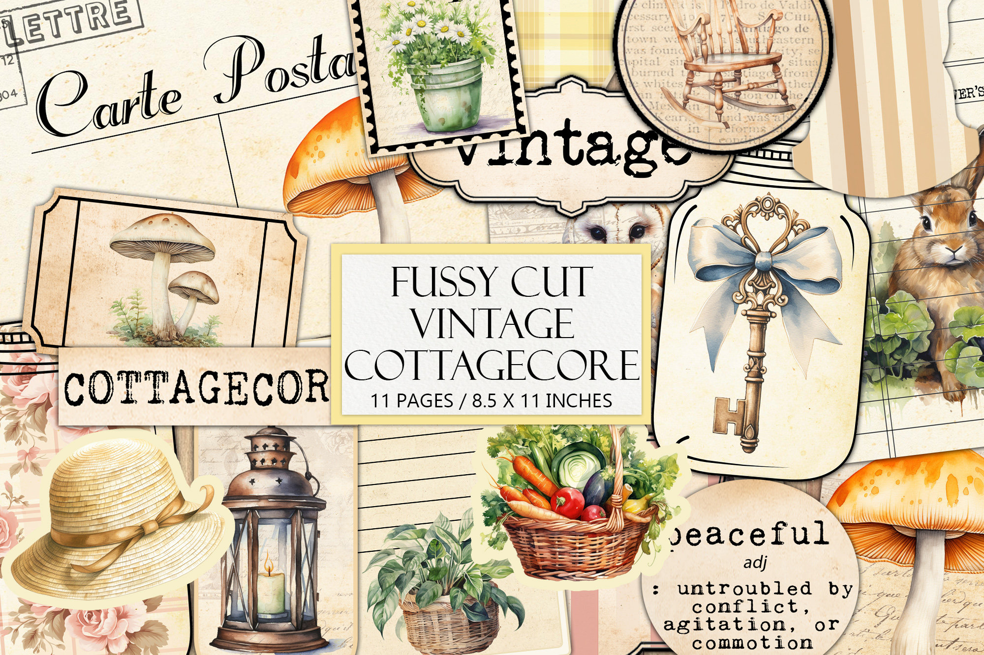 Kit imprimible de efímeras vintage estilo cottagecore, estética campestre antigua, corte recargado, suministros para revistas basura, collage, estilo farmcore, uso comercial
