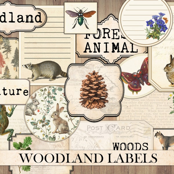 Vintage Woodland Labels, Junk Journal Ephemera, Antique Cards, Nature Forest Images, Animals, Scrapbook Embellishment, Fussy Cut, Download