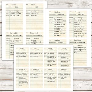 May include: Vintage dictionary flashcards with definitions for words like 'green', 'grow', 'butterfly', 'beautiful', 'spring', 'flower', 'garden', and 'sunshine'. The cards are printed on aged paper with a lined background.