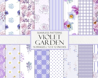 Violet Garden, Papier Scrapbook sans couture, Journal indésirable, Motif répétitif, Éphémère imprimable, Embellissement, Fleurs violettes, Imprimable