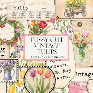 Aquarel vintage tulpen kortstondige kit, antieke bloemen esthetiek, kieskeurige snit, junk Journal-benodigdheden, collage, lentebloem, afdrukbare afbeelding