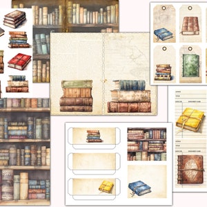 May include: A digital paper pack with illustrations of vintage books, book stacks, and book shelves. The pack includes various sizes and shapes of book illustrations, including tags, journal cards, and printable papers.