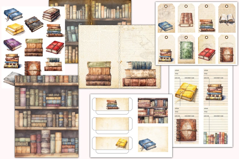 May include: A digital paper pack with illustrations of vintage books, book stacks, and book shelves. The pack includes various sizes and shapes of book illustrations, including tags, journal cards, and printable papers.