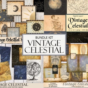May include: A collection of vintage celestial-themed digital papers, envelopes, and ephemera. The bundle includes various designs featuring celestial bodies, maps, and stamps. The text "Vintage Celestial" is prominently displayed.
