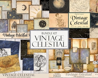 May include: A collection of vintage celestial-themed digital papers, envelopes, and ephemera. The bundle includes various designs featuring celestial bodies, maps, and stamps. The text "Vintage Celestial" is prominently displayed.