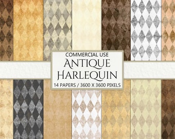 May include: A set of 14 digital paper patterns featuring a harlequin diamond design in various shades of brown, beige, and gray. The papers are 3600 x 3600 pixels and are for commercial use.  "COMMERCIAL USE ANTIQUE HARLEQUIN 14 PAPERS / 3600 X 3600 PIXELS"