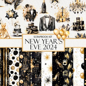 Saint-Sylvestre, kit de scrapbooking, journal indésirable, éphémères noir et or, kit de créations créatives en papier, coupe délicate, embellissements, téléchargement numérique