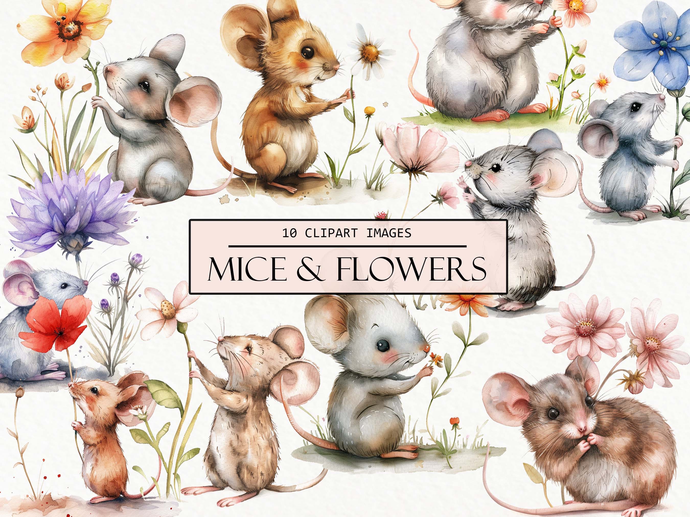 水彩画のネズミのクリップアート：花柄の絵本風ネズミのイラスト