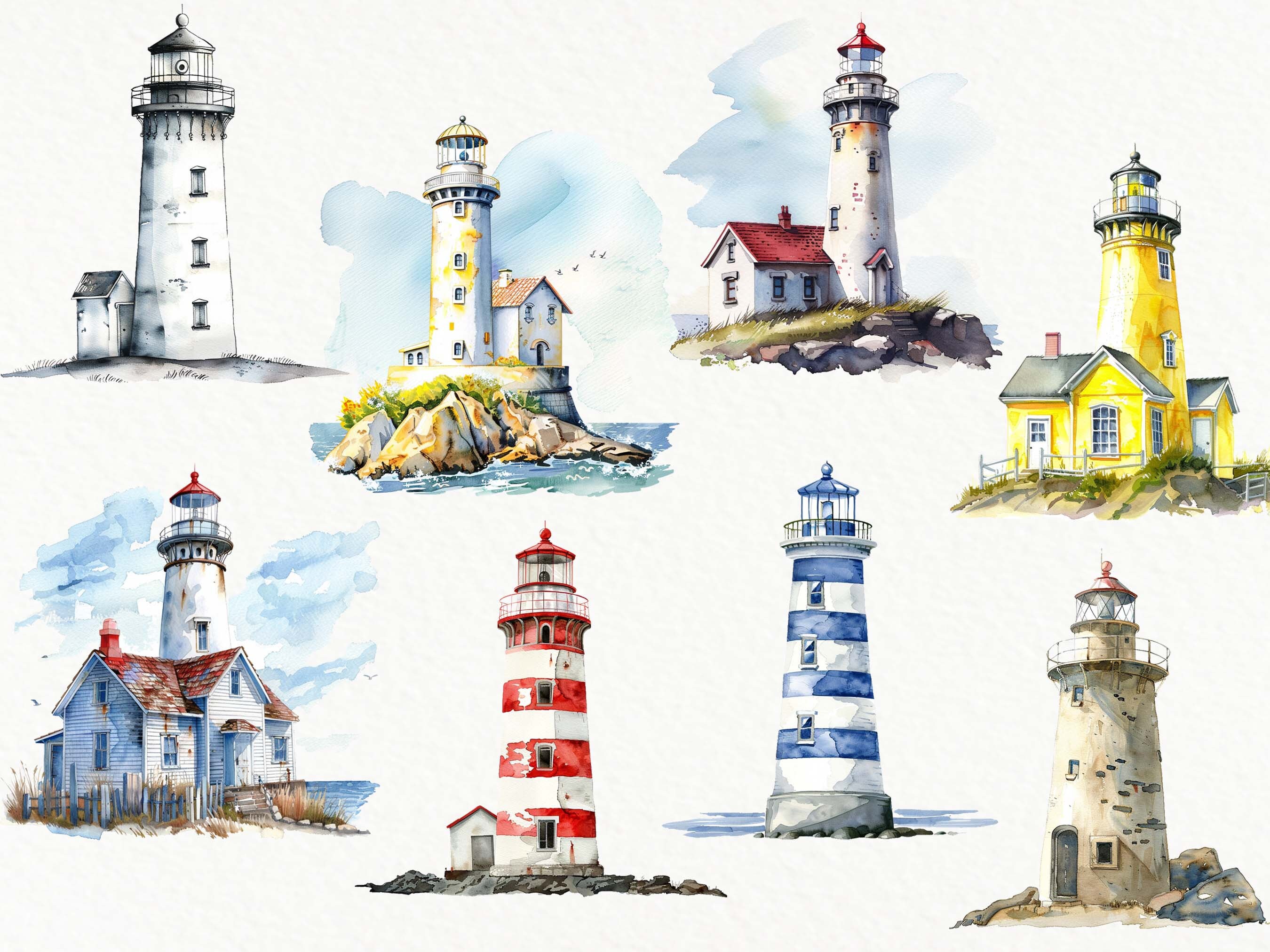 Watercolor Lighthouses Scrapbook Kit: Oceanside Ephemera (digital ...