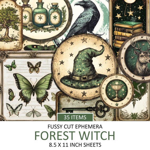 Witchy Labels Ephemera Kit: Printable Forest Witch Journal, Fussy Cut Scraps (JPG and PDF)