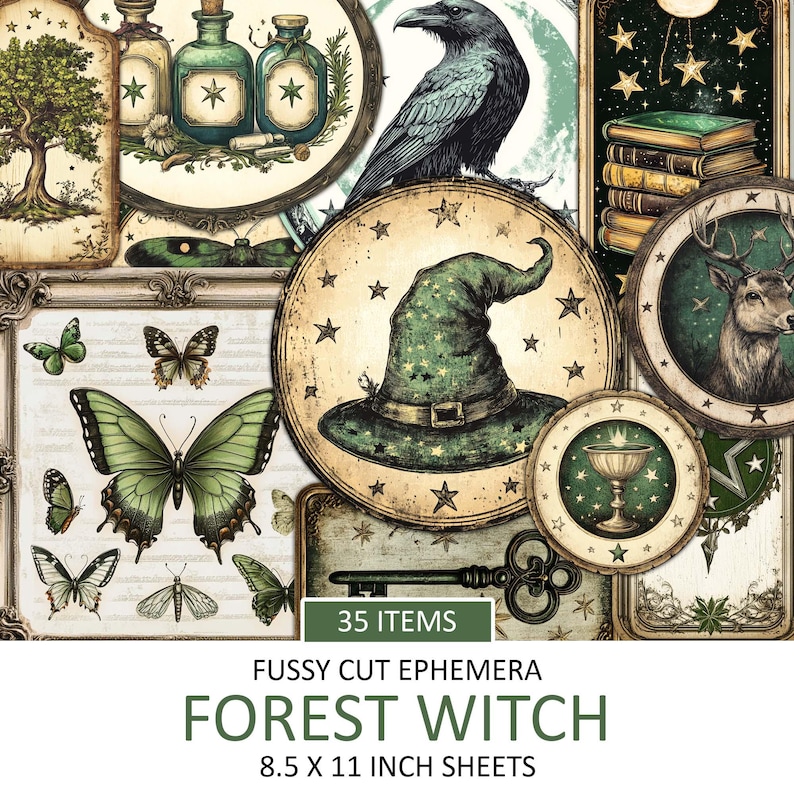 May include: A set of 35 digital fussy cut ephemera images featuring a forest witch theme. The images include a witch's hat, a raven, a deer, potion bottles, butterflies, and other woodland elements. The images are designed for crafting and scrapbooking projects.