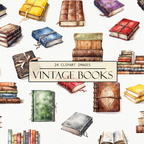 Watercolor Antique Books Clipart, Vintage Book Images, Sticker and Planner Clip Art, Sublimation Images, Dark Academia, Commercial Use