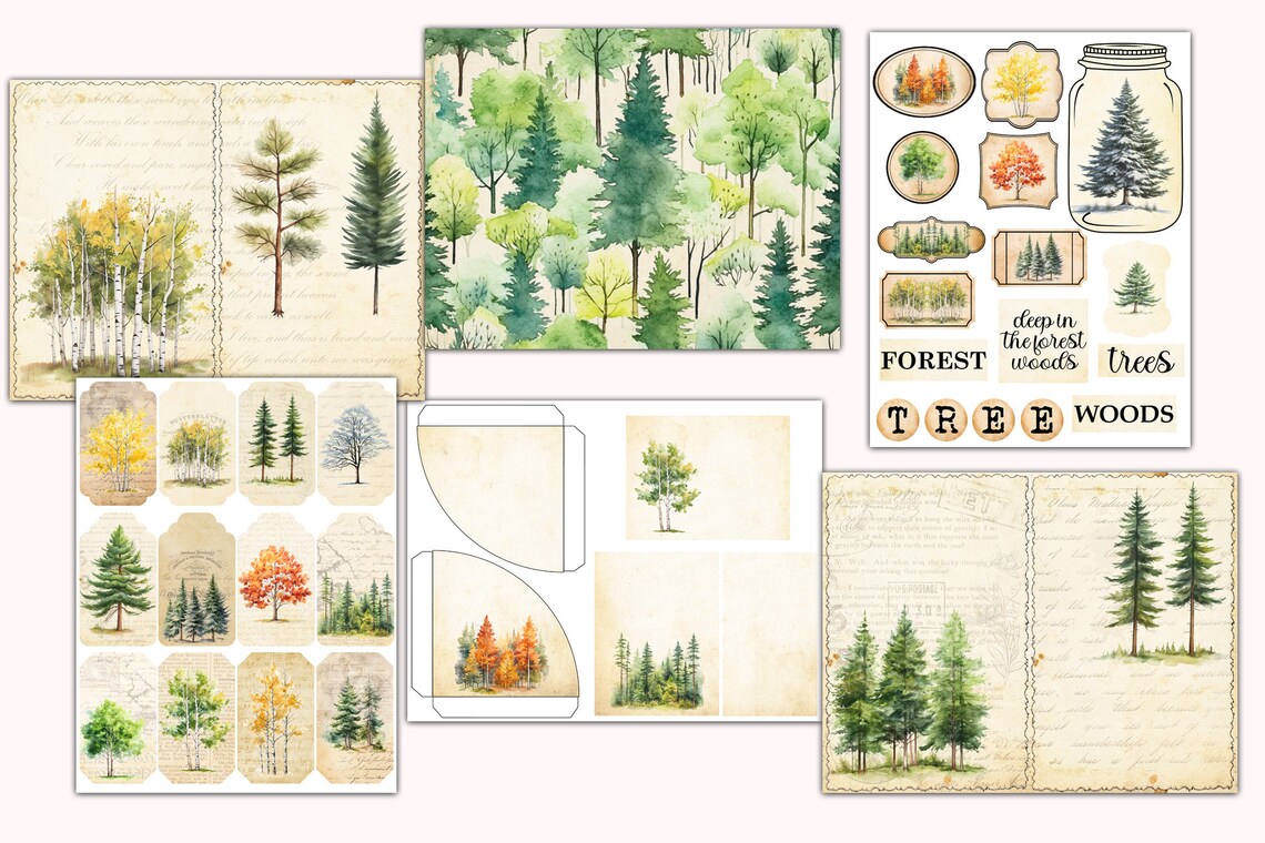 Vintage Forest Trees Junk Journal Kit: Ephemera, Scrapbook (digital ...