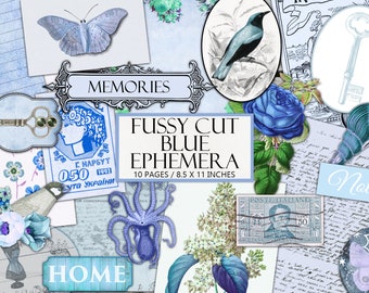 May include: A digital paper pack with a blue and white color scheme. The pack includes images of flowers, birds, keys, a seashell, an octopus, and a vintage stamp. The text "Fussy Cut Blue Ephemera" is displayed on the pack. The pack contains 10 pages and measures 8.5 x 11 inches.