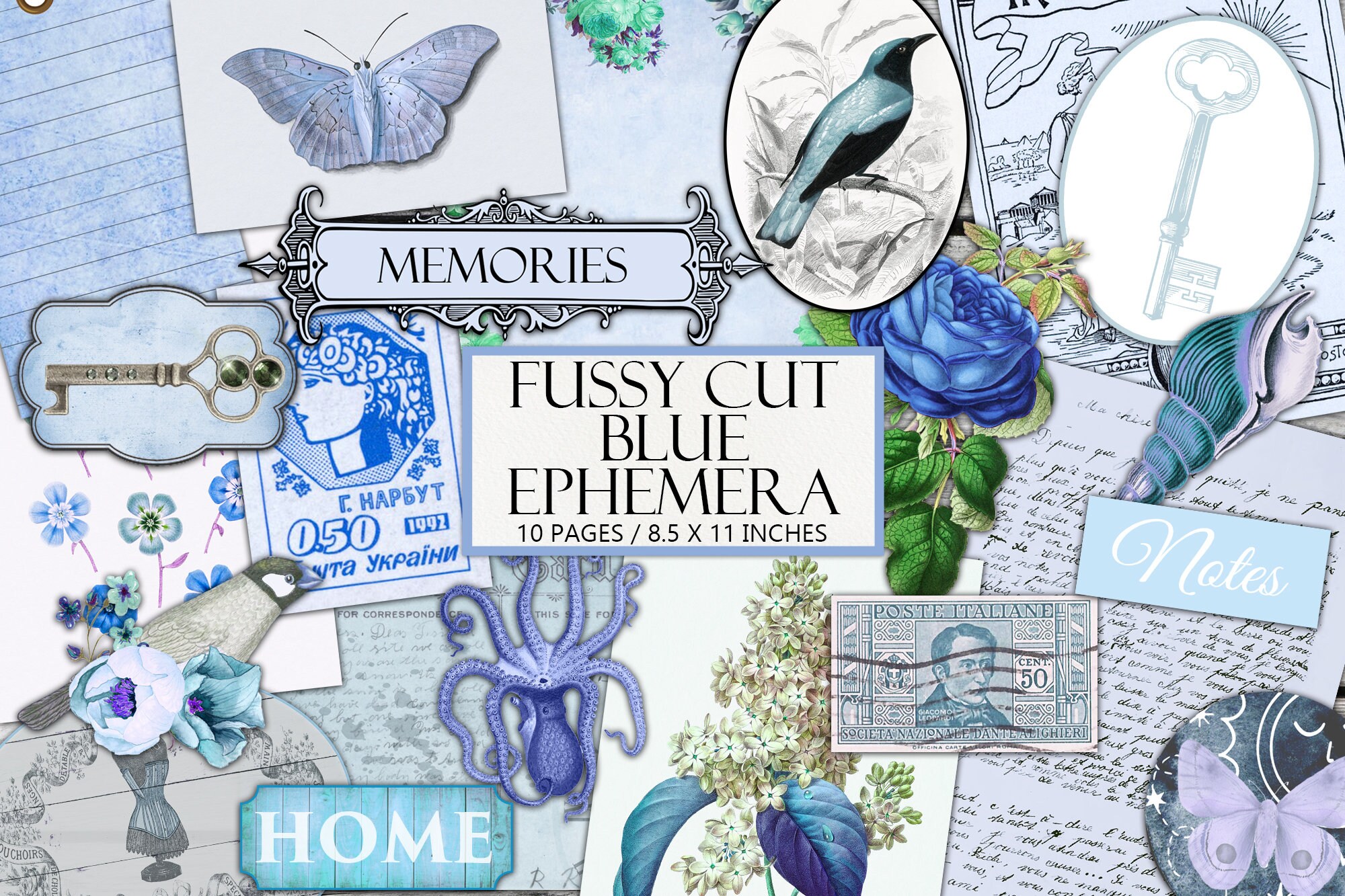 Printable Blue Ephemera Kit Vintage Fussy Cut Junk Journal Etsy