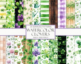 Watercolor Clover Seamless Patterns: St. Patrick's Day Scrapbook Paper (Digital Download)