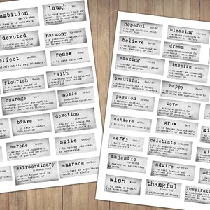May include: A set of 36 printable digital word art cards featuring positive words like "bloom", "imagine", "divine", "treasure", "gorgeous", "persevere", "awesome", "splendid", "laugh", "hopeful", "believe", "amazing", "beautiful", "passion", "achieve", "merry", "majestic", "wish", "thankful", "inspiration", "blessing", "dream", "inspire", "happy", "love", "grow", "celebrate", "admire", "joy", "peace", "motivate", "create", "lovely", "miracle", "gift", "strong" in a black and white typewriter font on a textured background.