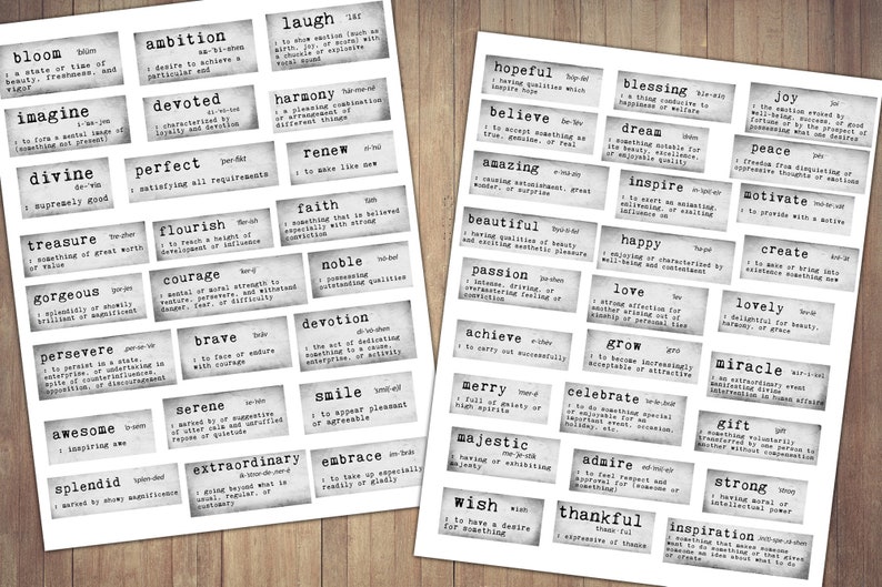 May include: A set of 36 printable digital word art cards featuring positive words like "bloom", "imagine", "divine", "treasure", "gorgeous", "persevere", "awesome", "splendid", "laugh", "hopeful", "believe", "amazing", "beautiful", "passion", "achieve", "merry", "majestic", "wish", "thankful", "inspiration", "blessing", "dream", "inspire", "happy", "love", "grow", "celebrate", "admire", "joy", "peace", "motivate", "create", "lovely", "miracle", "gift", "strong" in a black and white typewriter font on a textured background.