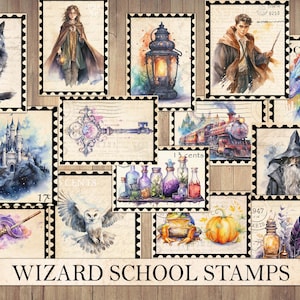 Watercolor Wizard School Stamps, Vintage Ephemera, Fussy Cut, Sticker Sheet, Junk Journal Supplies, Magic Witch Clipart, Instant Download