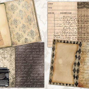 May include: A vintage-style scrapbook page with a typewriter, a book, and several pieces of paper with handwritten text and decorative patterns. The paper has a distressed look with faded ink and a worn texture.