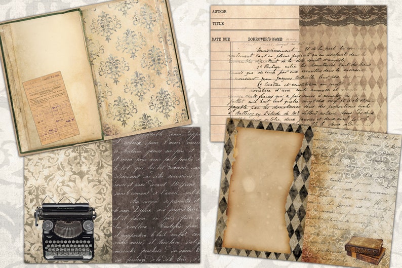 May include: A vintage-style scrapbook page with a typewriter, a book, and several pieces of paper with handwritten text and decorative patterns. The paper has a distressed look with faded ink and a worn texture.