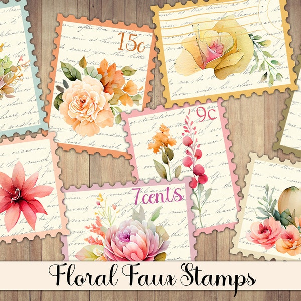 Printable Pastel Flowers Stamps, Faux Postage, Fussy Cut, Sticker Sheet, Junk Journal Supplies, Floral Clipart, Digital Scrapbook, Collage