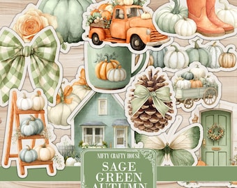 Sage Green Autumn: Fussy Cut Vintage Images, Fall Image Scraps (Digital Download)