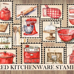 Vintage Red Kitchenware Stamps, Antique Ephemera, Fussy Cut, Sticker Sheet, Junk Journal Supplies, Cooking, Image Scraps, Instant Download