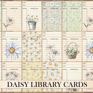 Tarjetas de biblioteca vintage imprimibles, imágenes de margaritas antiguas, corte quisquilloso de margaritas, paquete de efímeras, suministros de diario basura, flores, flores de álbum de recortes