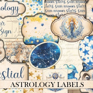 Vintage blauwe astrologielabels, ongewenste dagboeken, efemere, antieke kaarten, hemelse beelden, dierenriem, plakboekversiering, kieskeurig knippen, downloaden
