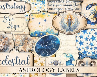 Vintage Blue Astrology Labels: Celestial Ephemera (Digital Download)