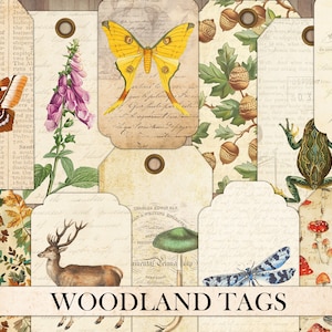 Etiquetas vintage de bosque, efímeras para diarios basura, tarjetas antiguas, adornos para álbumes de recortes, cortes recargados, bosque, naturaleza, animales, descarga instantánea