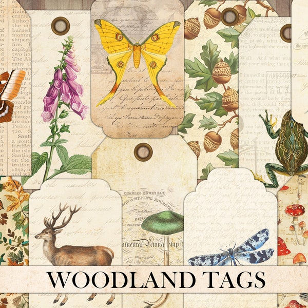 Vintage Woodland Tags, Junk Journal Ephemera, Antique Cards, Scrapbook Embellishment, Fussy Cut, Forest, Nature, Animals, Instant Download