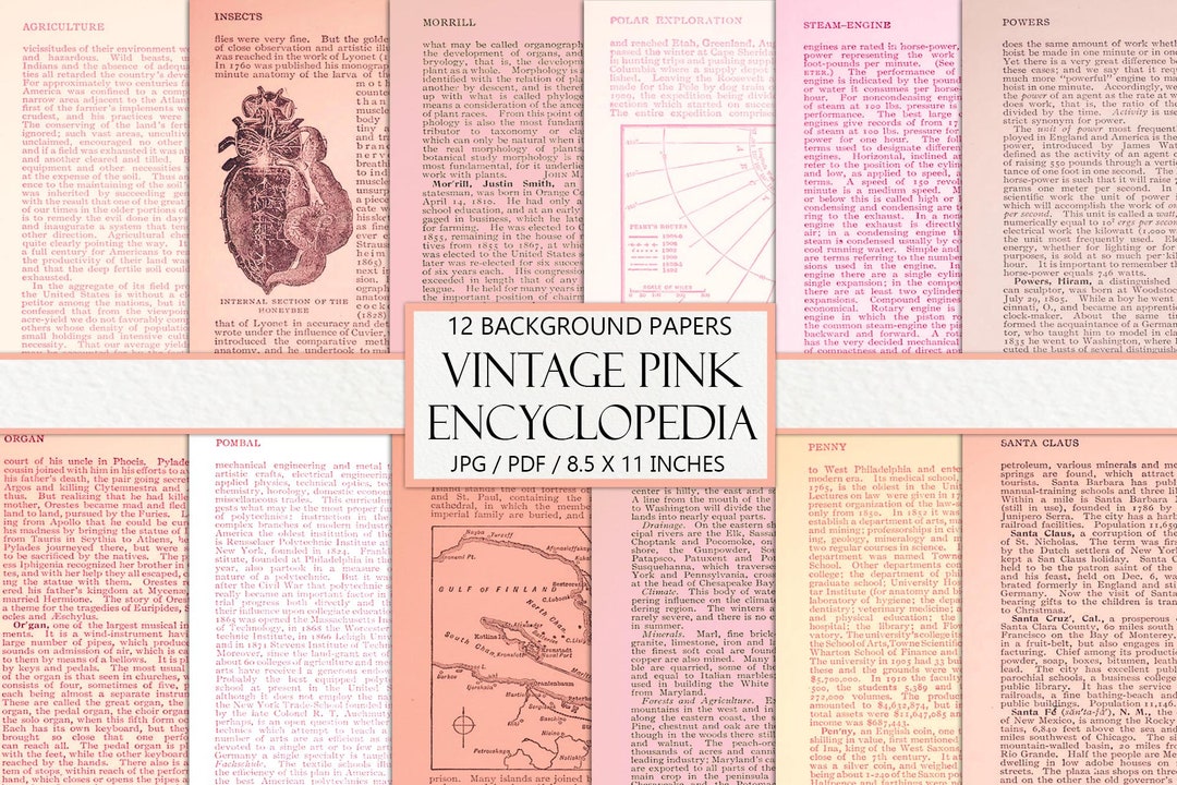 Printable Pink Vintage Papers, Encyclopedia Pages, Antique Junk Journal