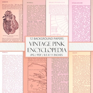 Printable Pink Vintage Papers, Encyclopedia Pages, Antique Junk Journal, Old Paper, Craft Kit, Ephemera, Authentic Book Pages, Scrapbook