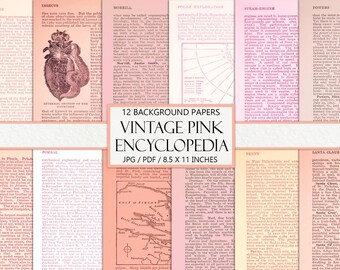 May include: Twelve vintage pink background papers with text from an encyclopedia. The papers feature illustrations of insects, maps, and text about agriculture, steam engines, and Santa Claus. The papers are 8.5 by 11 inches.
