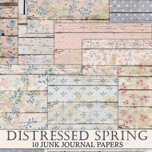 Distressed Junk Journal Papier, Vintage Blau und Rosa Floral, Digitales Frühlingspapier, Junk Journal Ephemera, Scrapbook Hintergrund, Printable