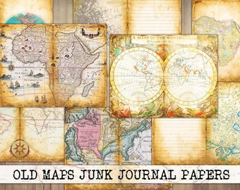Digital Junk Journal Paper, Vintage Old Maps, Journal Ephemera, Antique Travel, Old Paper, Scrapbook Background, Printable Paper, Map
