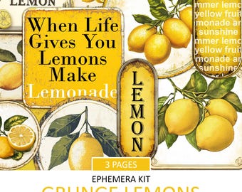 Antique Lemon Labels Ephemera Kit: Printable Grunge Scrapbook Collage (Digital Download)