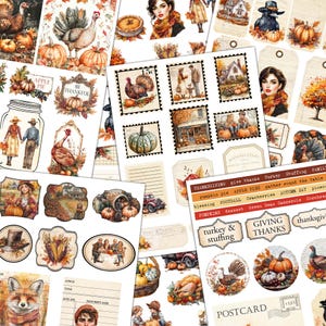 May include: A set of digital printable stickers featuring Thanksgiving themes. The stickers include images of turkeys, pumpkins, fall leaves, and other Thanksgiving-related imagery. The stickers are perfect for adding a festive touch to your Thanksgiving crafts, cards, and decorations.