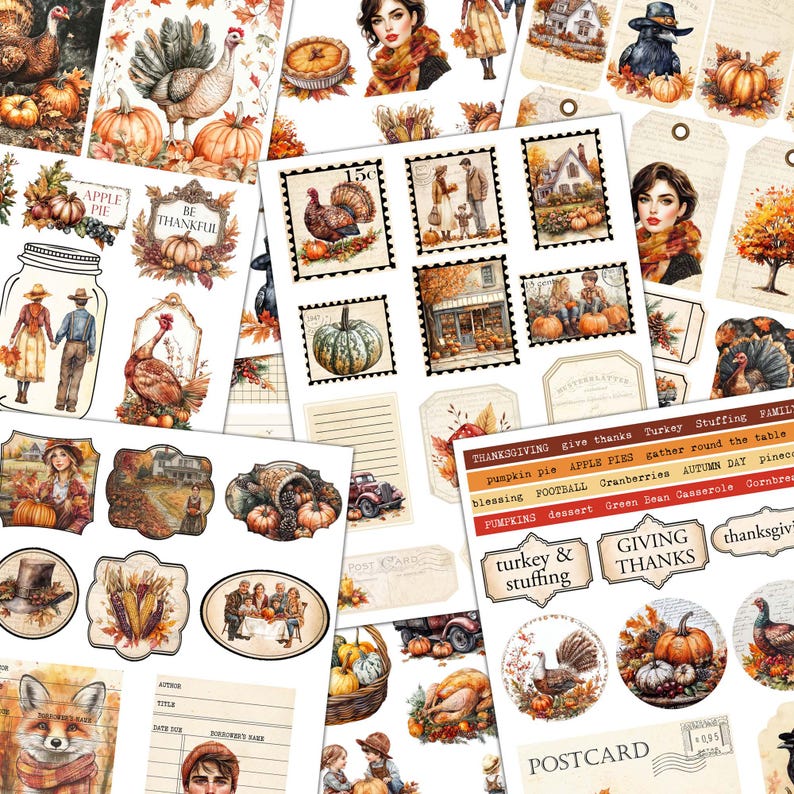 May include: A set of digital printable stickers featuring Thanksgiving themes. The stickers include images of turkeys, pumpkins, fall leaves, and other Thanksgiving-related imagery. The stickers are perfect for adding a festive touch to your Thanksgiving crafts, cards, and decorations.