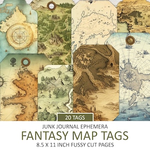 Etiquetas de mapa de fantasia vintage, itens efêmeros para impressão, topografia, cartões de diário, etiquetas, corte exigente, pedaços de mapa, fantasia antiga, download instantâneo