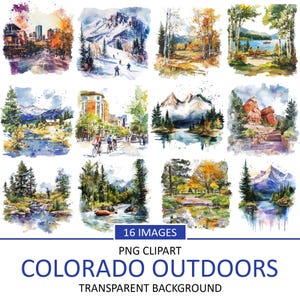 Puede incluir: Una colección de 16 imágenes de acuarela que representan paisajes de Colorado. Las imágenes muestran montañas, bosques, lagos y paisajes urbanos. El texto en la imagen dice "COLORADO OUTDOORS" y "PNG CLIPART".