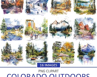 Watercolor Colorado Outdoors Clipart: Rocky Mountain PNG Images (Digital Download)