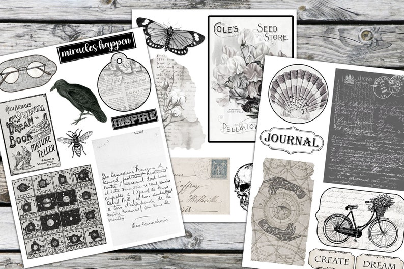 Vintage Ephemera Kit: Black and White Junk Journal Supplies (digital ...