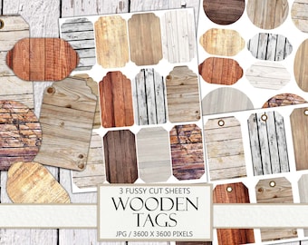 Puede incluir: Tres hojas imprimibles de etiquetas de madera rústica en varias formas y tamaños. Las etiquetas presentan diferentes patrones y texturas de veta de madera, incluyendo madera desgastada y envejecida. El texto en las hojas dice "3 Fussy Cut Sheets Wooden Tags JPG / 3600 x 3600 Pixels".